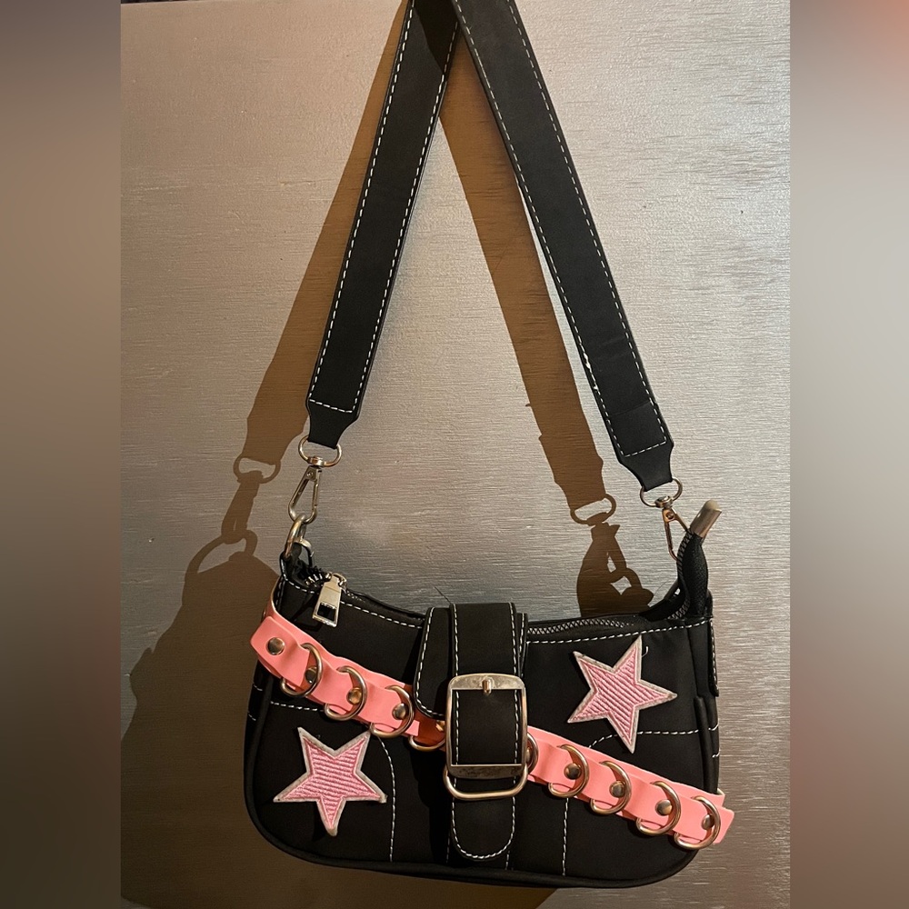 Y2K Black Shoulder Bag with Pink Accent Strap